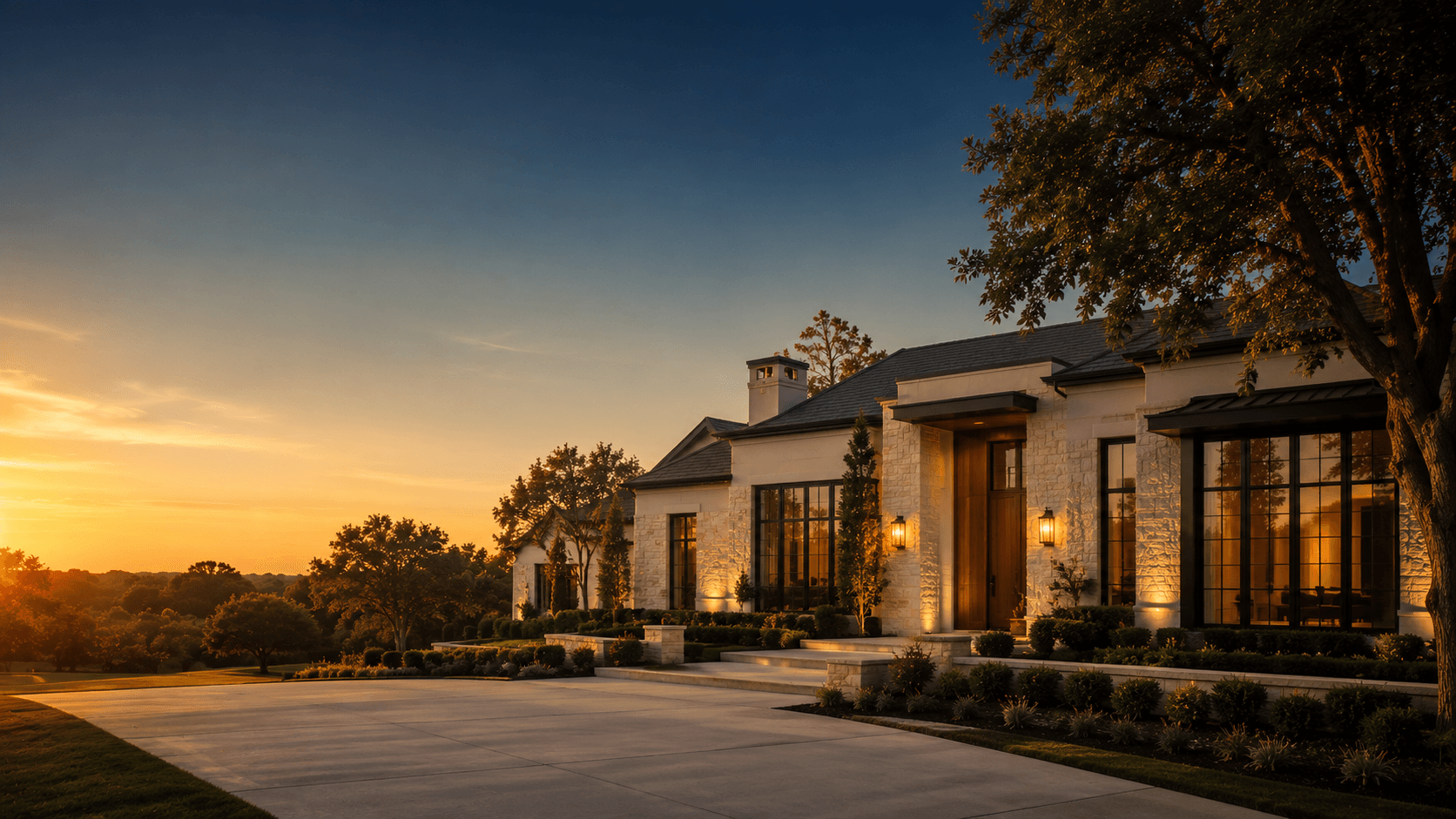A contemporary home at sunset